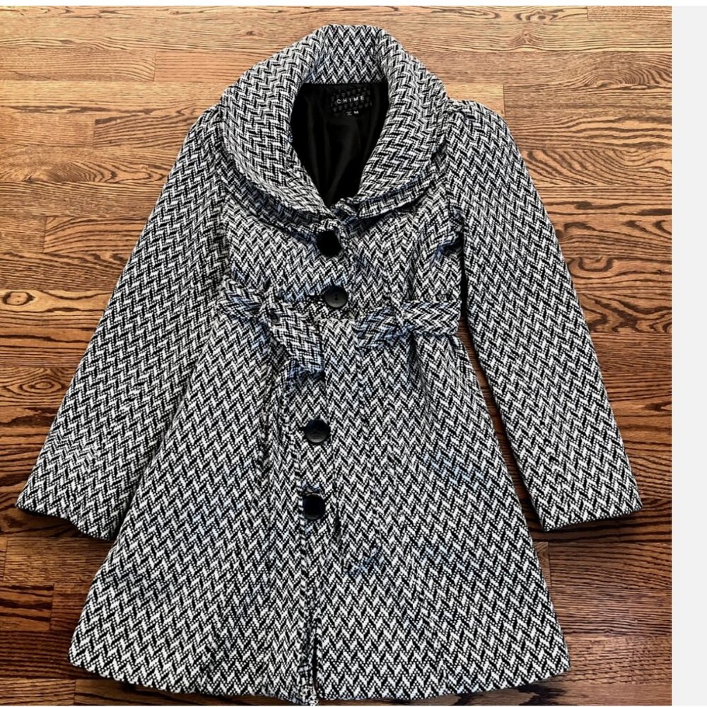 CHIME Women Dress Coat Jacket Black White Herringbone Button Belt Sz M Business